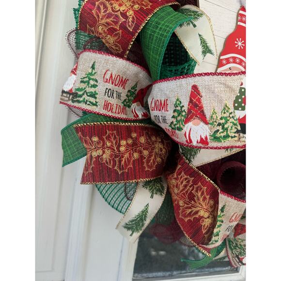 Gnome for the Holidays Christmas Wreath, Gnome Sign Green, Red, Gold Ribbons xxx - Picture 4 of 8